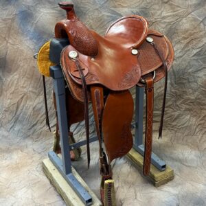 14 inch padded seat Balanced Ride Design for stability and control 4 inch Finger Roll Cantle for security #4 roping horn for strength and grip 5 inch deep roper stirrups for comfort Chestnut skirting leather for durability and style